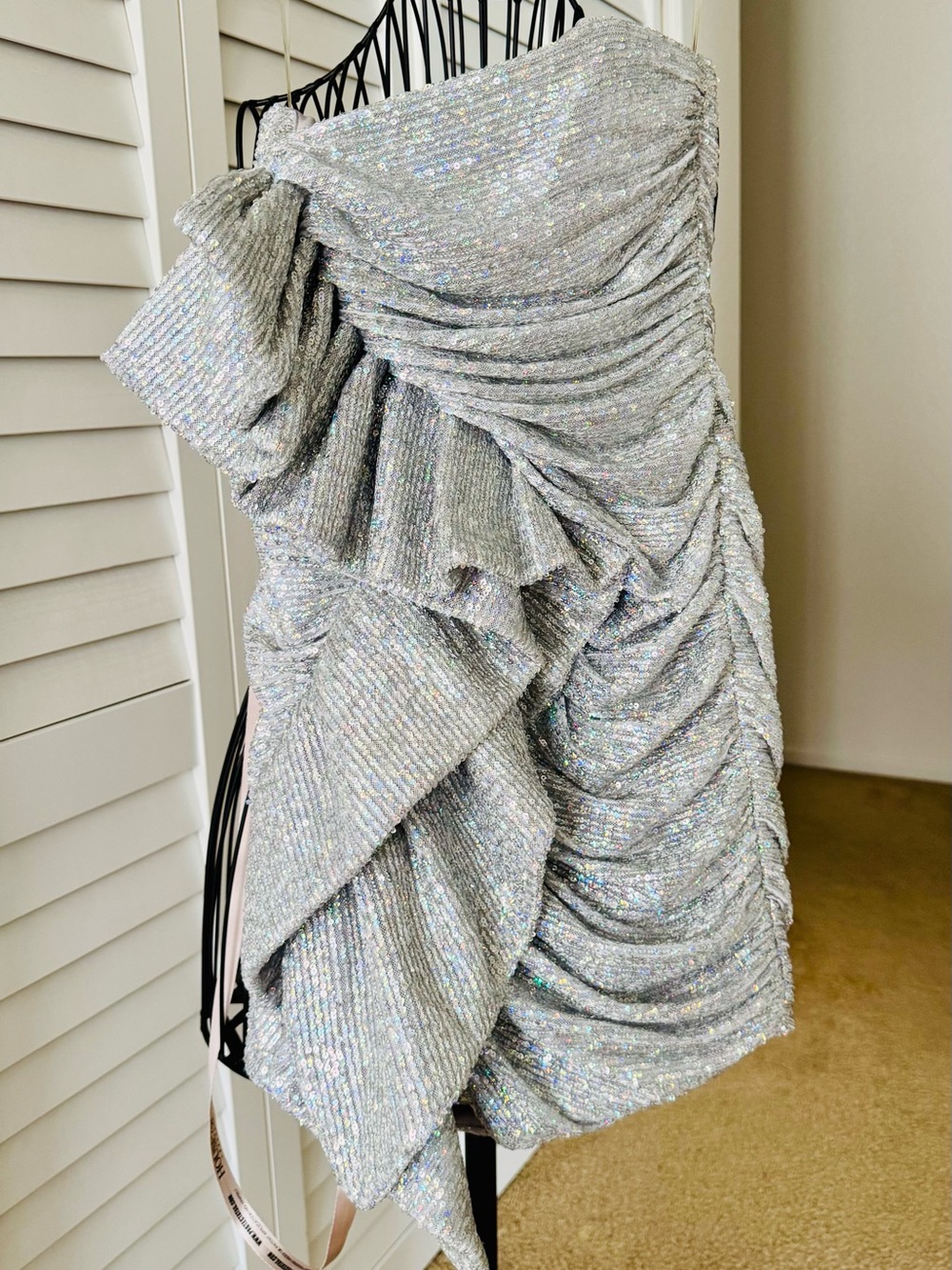 House of CB, Brand New Strapless Silver Ruffle Sequin Mini Dress - Picture 3 of 6